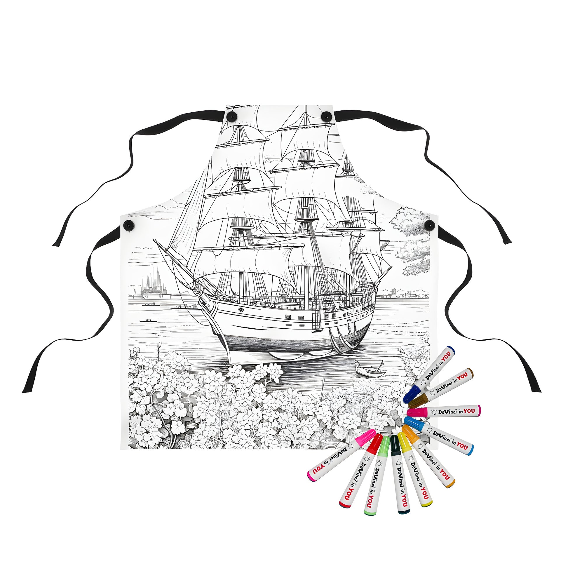 Coloring apron with sailing ship design on front, includes fabric markers