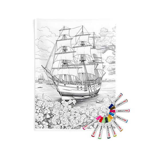 Indoor wall tapestries, sailing ship artwork, nautical decor, home decor, color your own art, adult coloring book