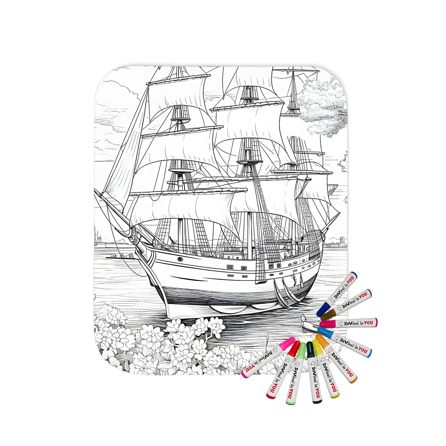 A cozy blanket featuring a detailed black-and-white line art image of a sailing vessel on the ocean, surrounded by flowers, trees, and fluffy white clouds. Perfect for anyone who loves nautical themes, adventure, and relaxation.