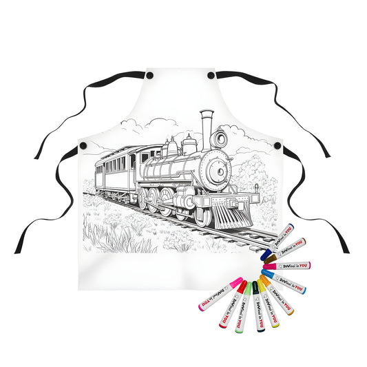 Steam train coloring kit apron featuring an illustration of a locomotive and passenger car on railway tracks