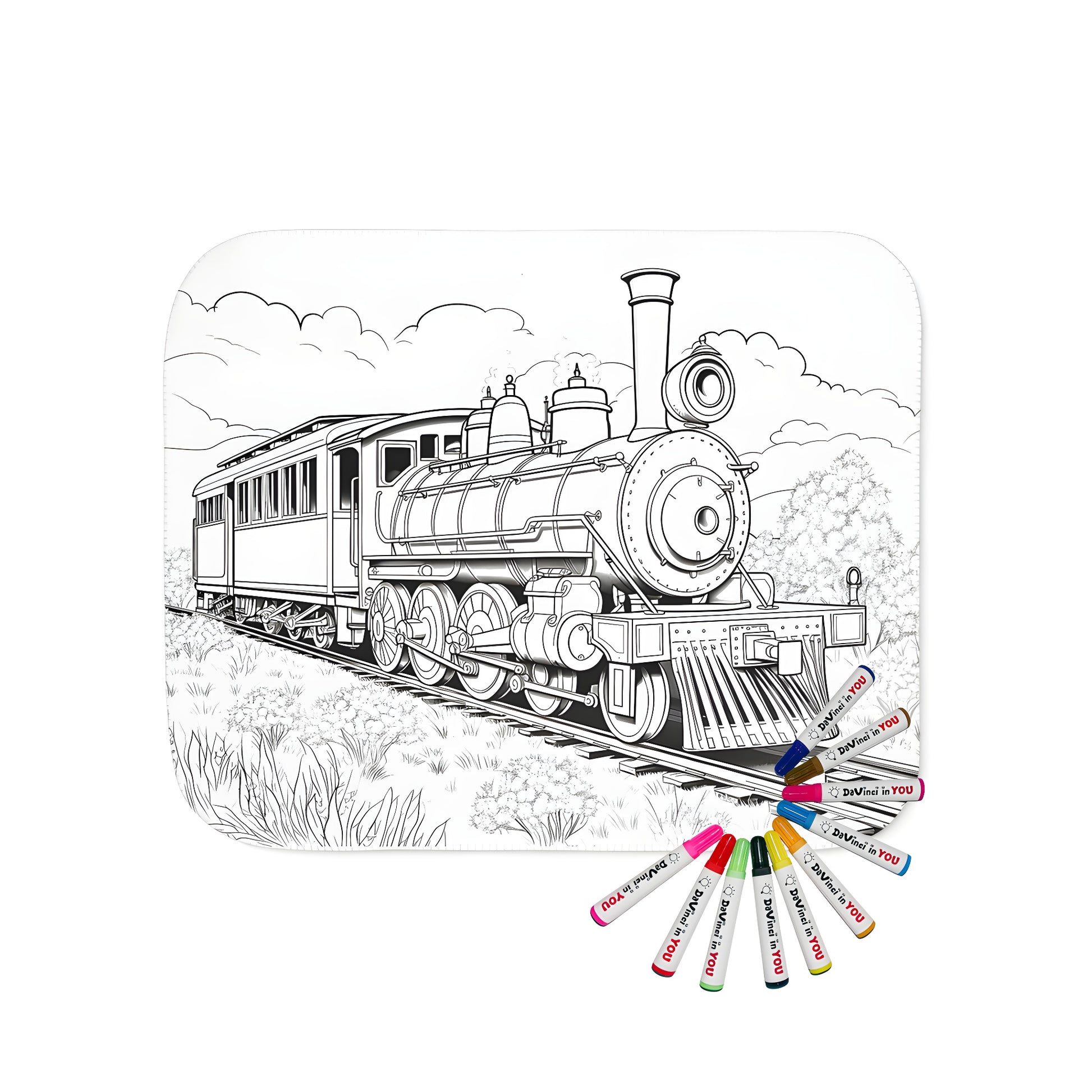 Cozy blanket featuring an engaging black and white illustration of a train locomotive, passenger car, and railway tracks with a scenic landscape, perfect for relaxation and color-in fun with fabric markers.