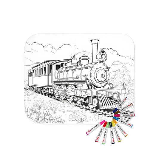 Cozy blanket featuring an engaging black and white illustration of a train locomotive, passenger car, and railway tracks with a scenic landscape, perfect for relaxation and color-in fun with fabric markers.