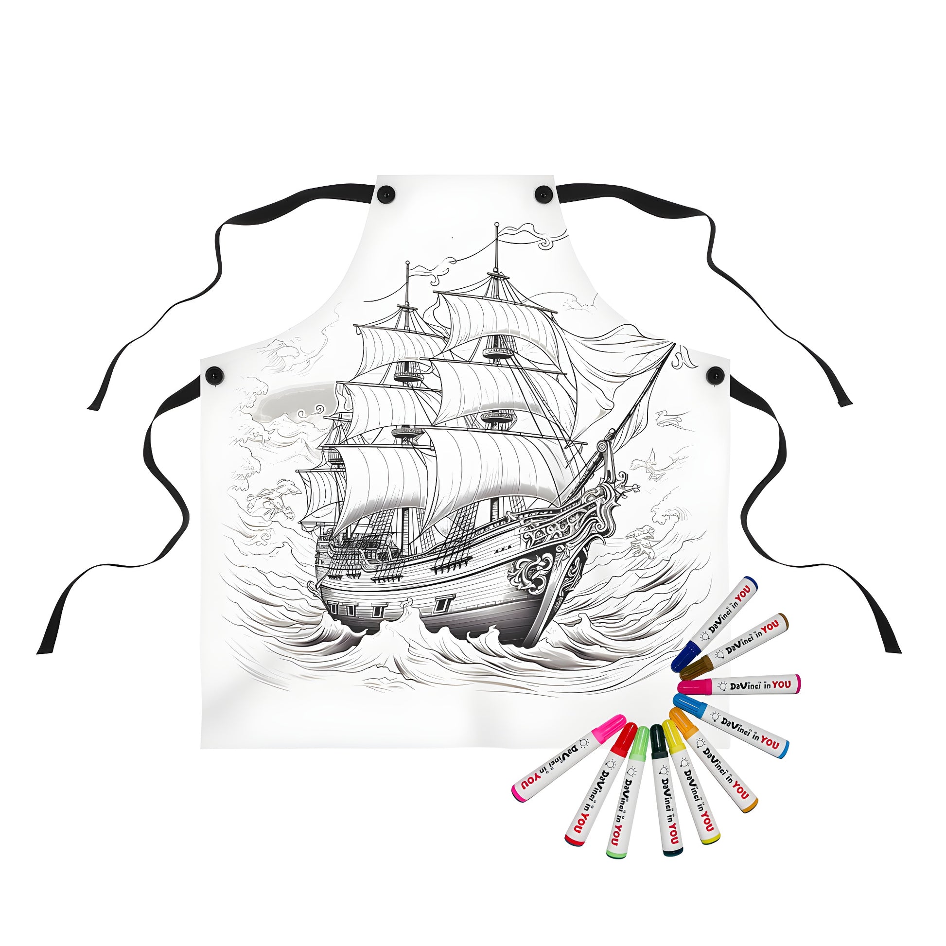 Apron with intricate black and white ship sailing in ocean