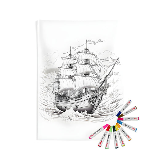 Indoor wall tapestry for adults and kids featuring an intricate black and white drawing of a galleon, sailboat, or naval vessel navigating through turbulent ocean waves