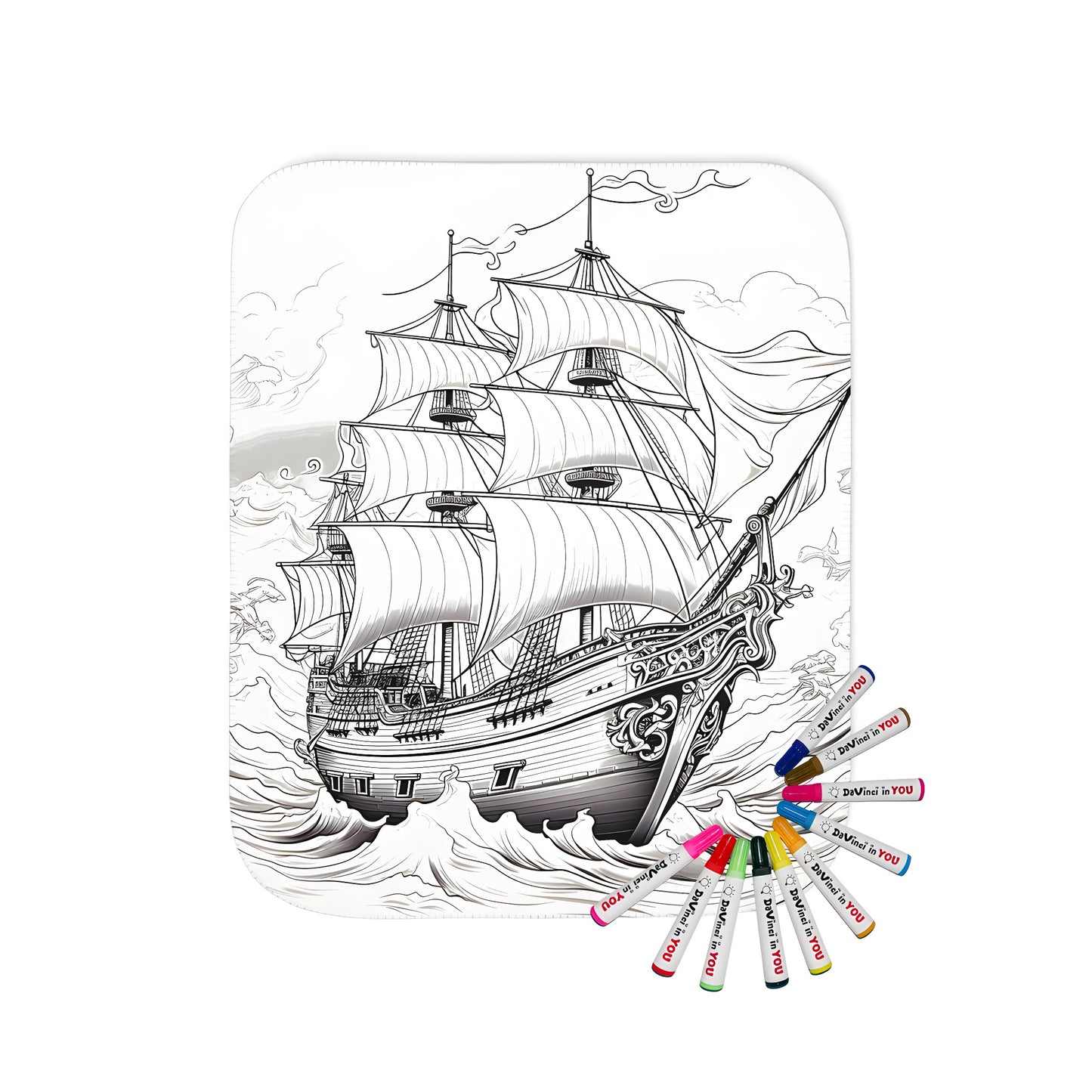 Coloring kit blanket with intricate black and white illustration of pirate vessel sailing through stormy waters