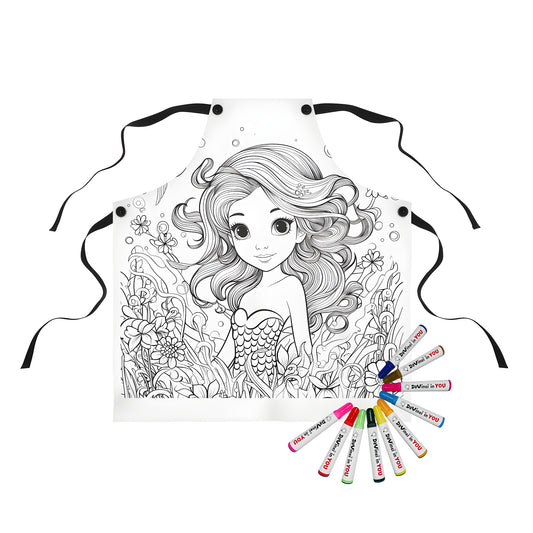 Apron featuring an enchanting mermaid coloring page design with intricate details and underwater scenes