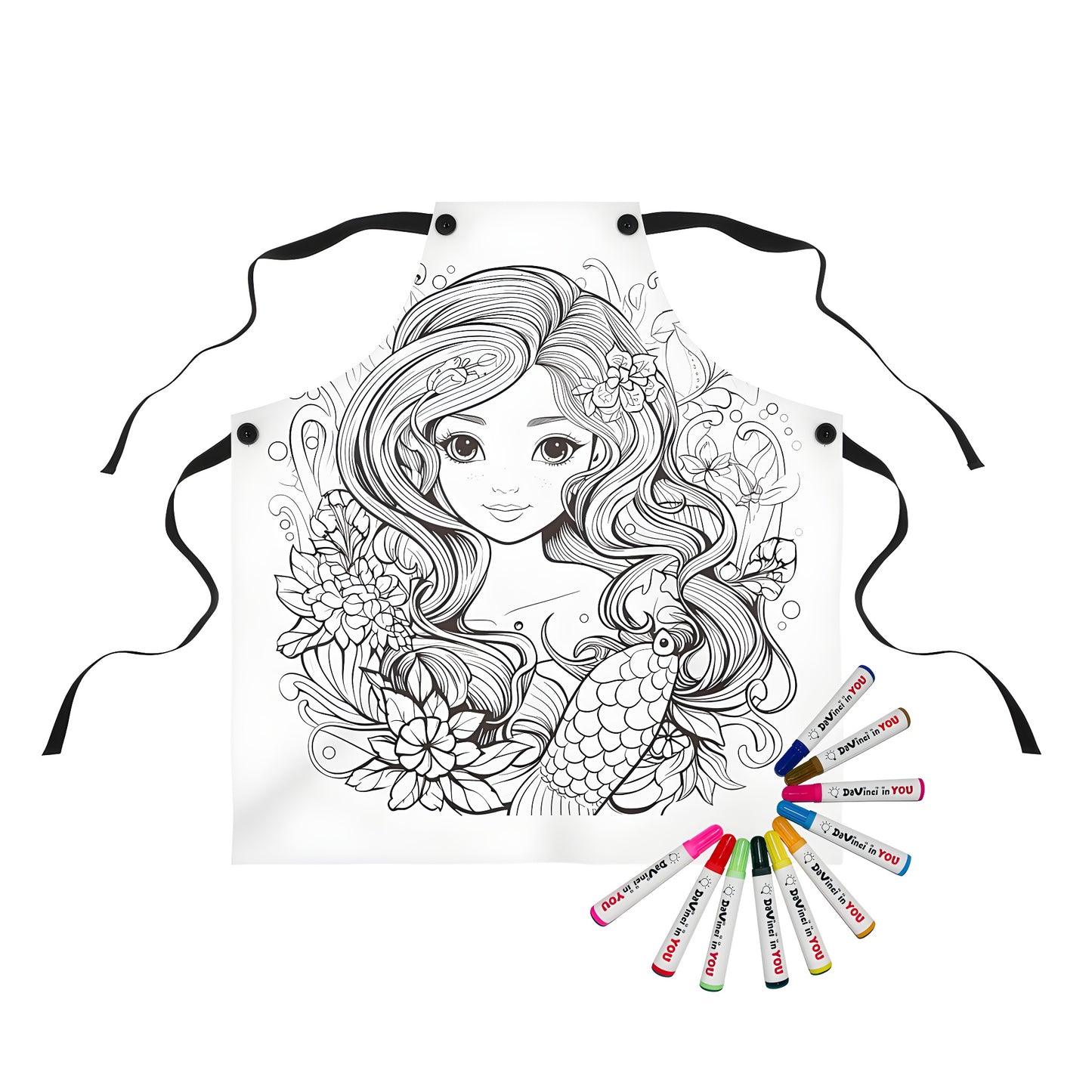 Detailed illustration apron featuring mermaid with flowing hair and floral elements surrounding her