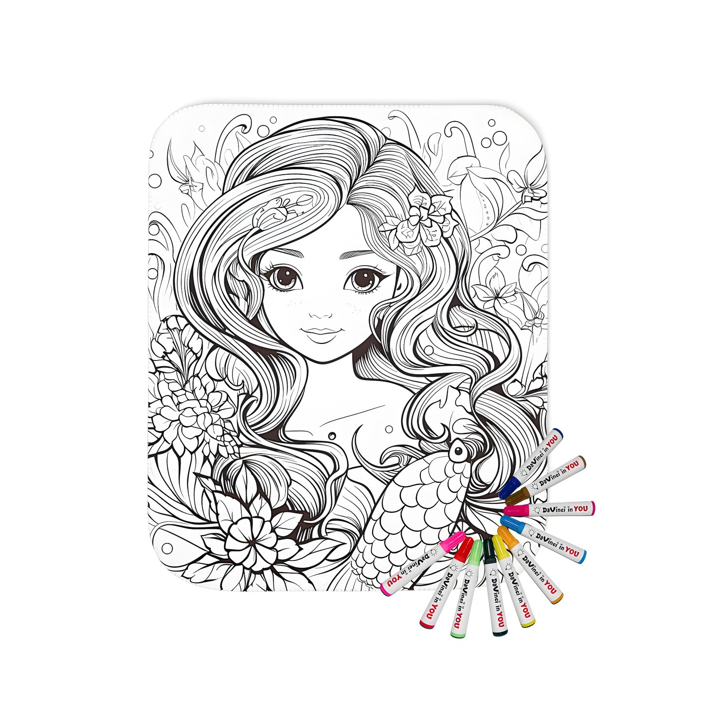 A colorful blanket featuring a mermaid with flowing hair and floral elements, perfect for cozying up with.