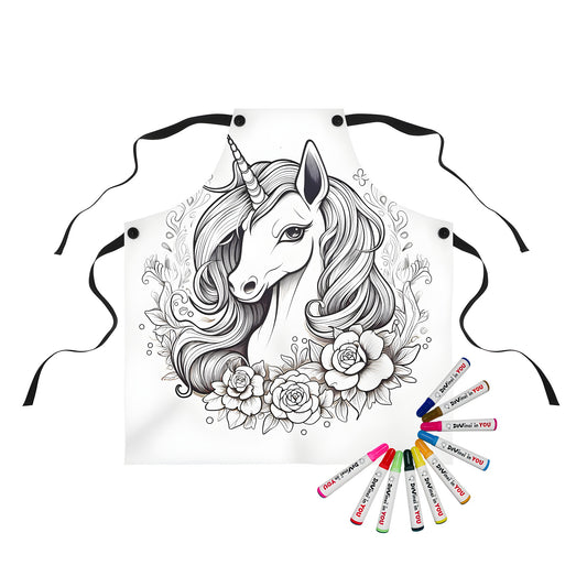 Coloring apron featuring whimsical line art of a unicorn with flowing mane and surrounded by flowers, perfect for kids and adults alike.