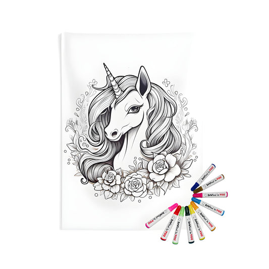 Decorative wall tapestry featuring whimsical line art of a unicorn with flowing mane surrounded by flowers, perfect for coloring and home decor