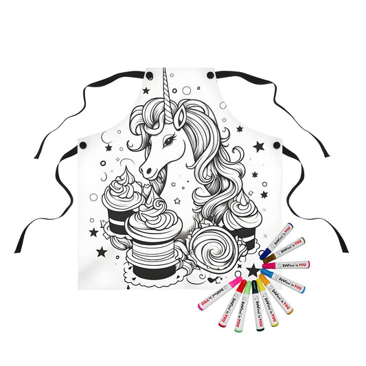 Coloring apron with unicorn design surrounded by cupcakes and stars