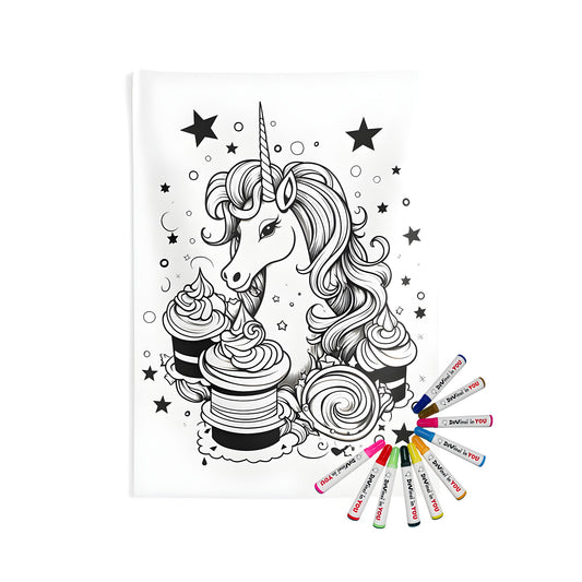 Indoor wall tapestry with unicorn and sweets design, perfect for coloring