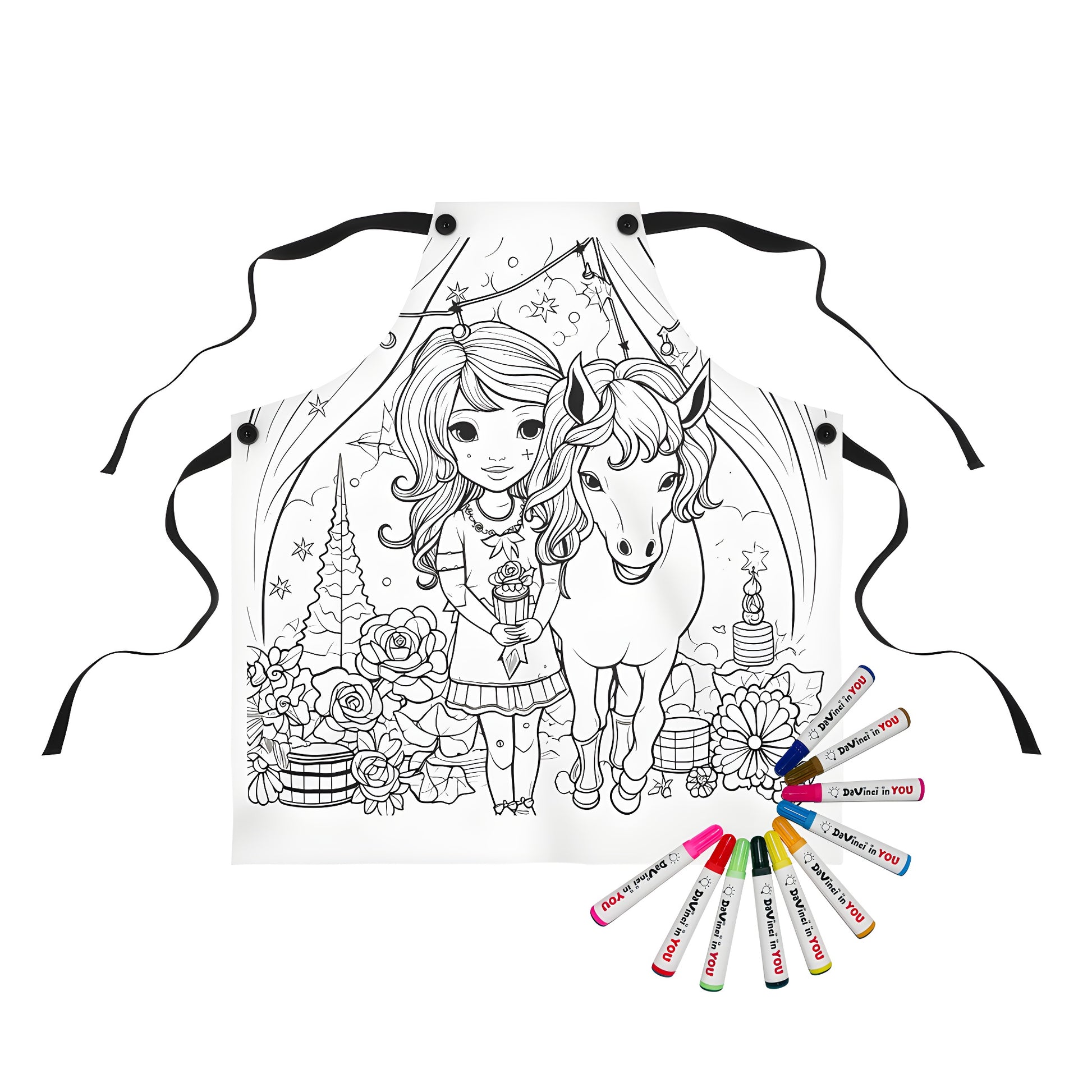 Apron with colorful, whimsical design featuring a young girl and her horse surrounded by flowers and decorations, perfect for a sister, best friend, or loved one