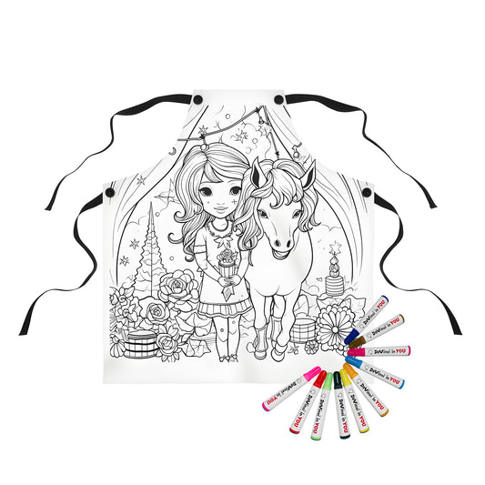 Apron with colorful, whimsical design featuring a young girl and her horse surrounded by flowers and decorations, perfect for a sister, best friend, or loved one