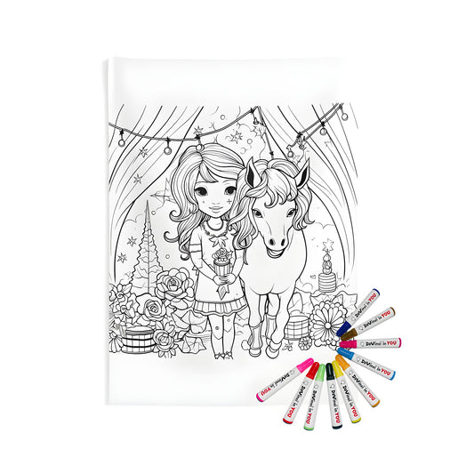 Indoor wall tapestry artwork featuring a young girl and horse, surrounded by flowers and festive decorations. A perfect friendship design for any room.