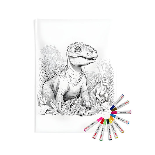 Dinosaur tapestry for wall decoration, featuring Jurassic creatures and lush jungle foliage