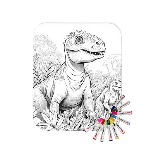 Dinosaur themed blanket for kids and adults featuring prehistoric creatures, jungle foliage, and a fun coloring page design