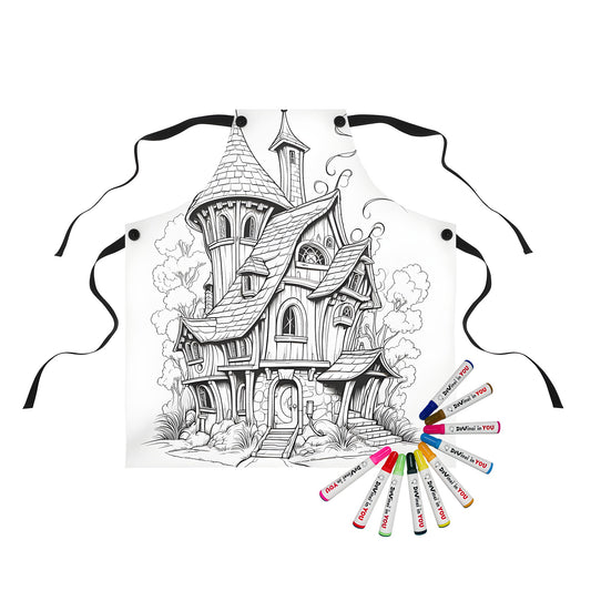 Apron with whimsical cottage coloring page design featuring fairy tale style house