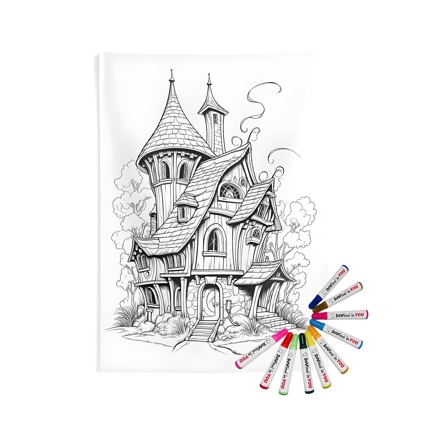 Indoor wall tapestries with whimsical cottage designs, featuring fairy tale style homes and intricate architectural details