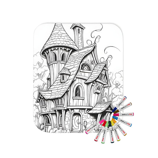 Cozy Blanket with enchanting fairy-tale style cottage fabric art design featuring curved roofs and intricate details