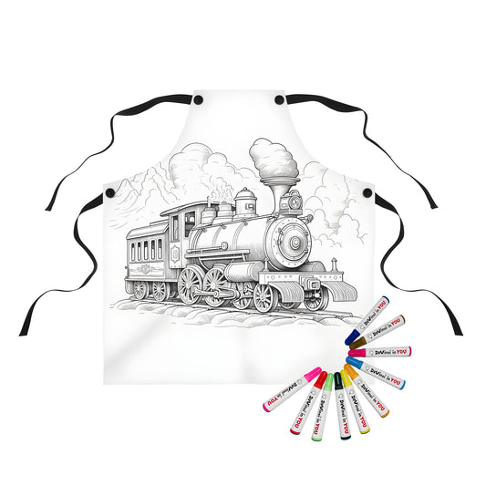 Colorful apron featuring a vintage steam train design with billowing smoke and cloud background