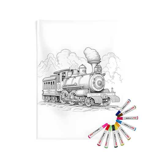 Vintage locomotive coloring kit - Beautiful detailed illustrations of old steam trains on canvas wall tapestry