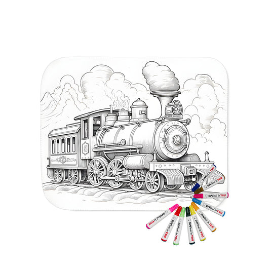 A detailed line drawing of a vintage steam train on a soft and cozy blanket, set against a subtle background of fluffy clouds