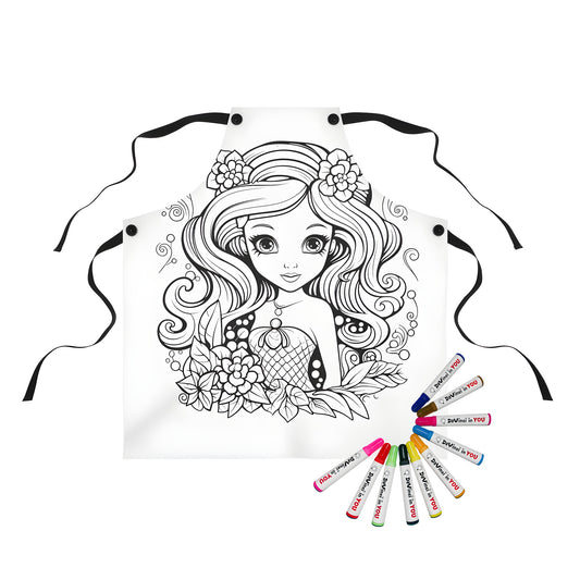 Coloring apron featuring a flower-adorned mermaid design for kids to color and wear