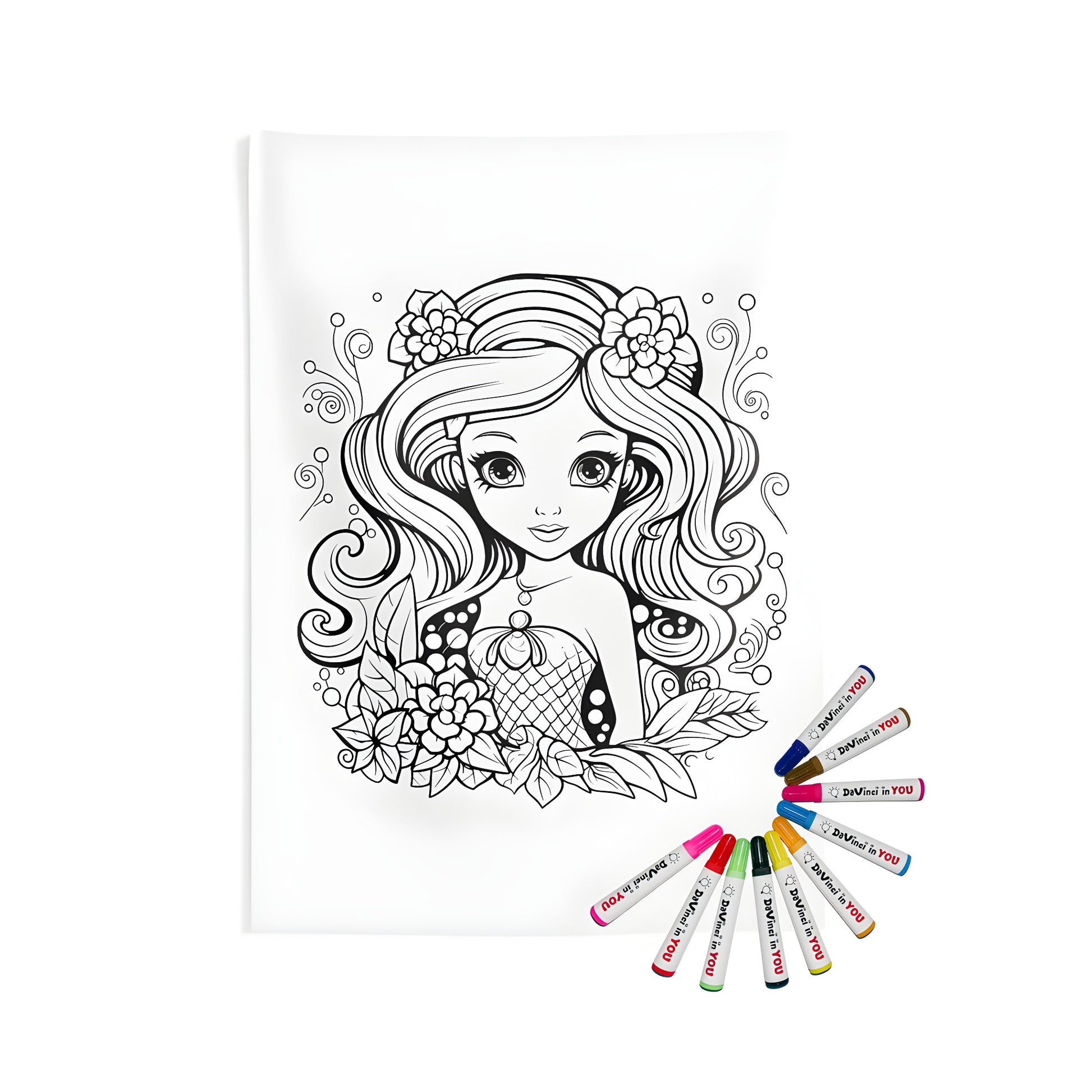 Coloring page design featuring a flower-adorned mermaid, ideal for kids. Indoor wall tapestries with vibrant colors and floral decorations.