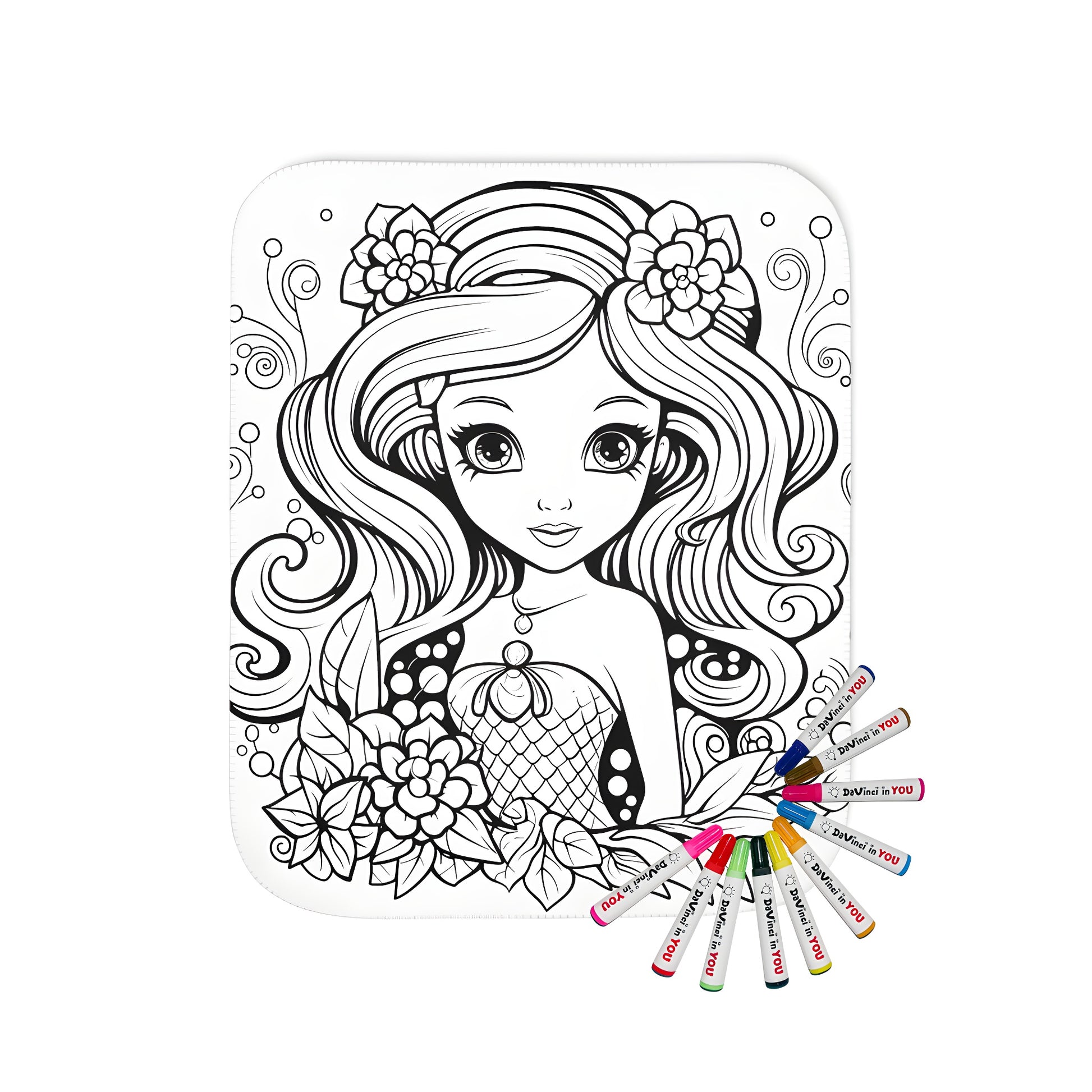 Colorful blanket design of a mermaid with flowing hair and floral decorations for kids coloring book art