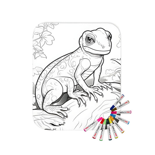 Blanket featuring a detailed lizard perched on a log surrounded by jungle foliage for a fun adult coloring experience.