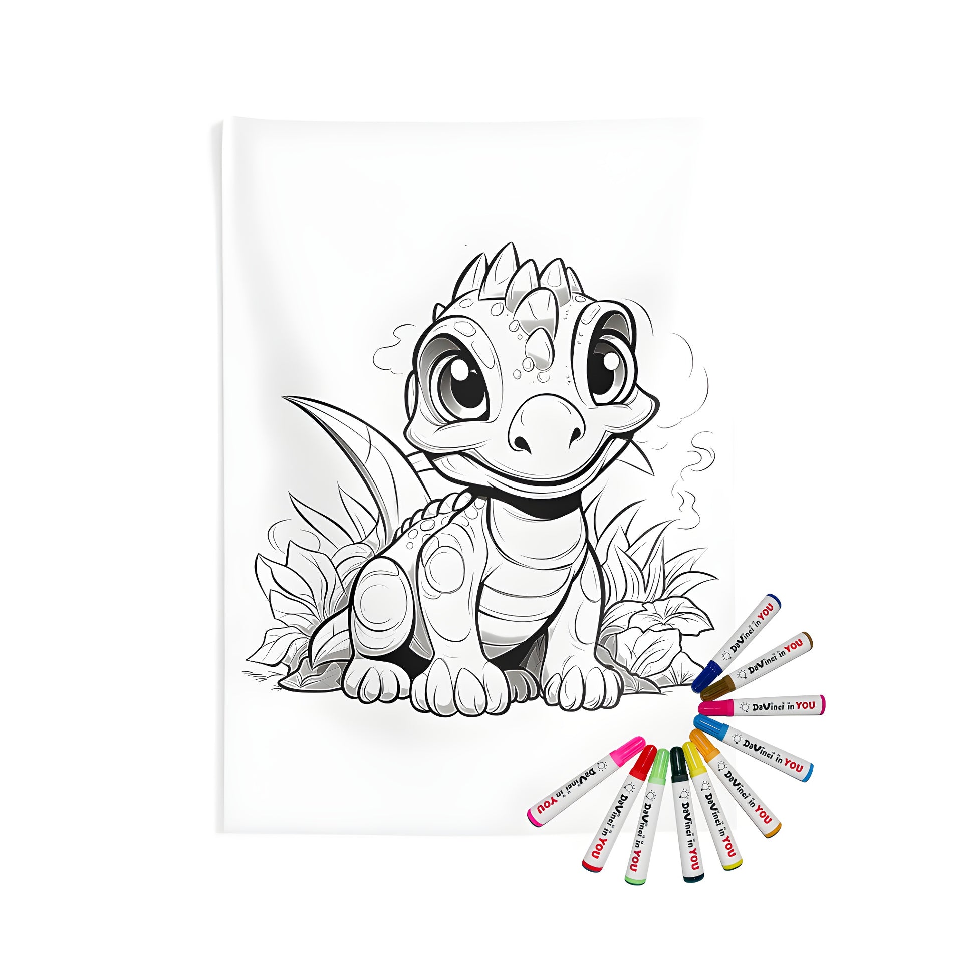 Indoor wall tapestry featuring a cute cartoon baby dino art design for kids to color