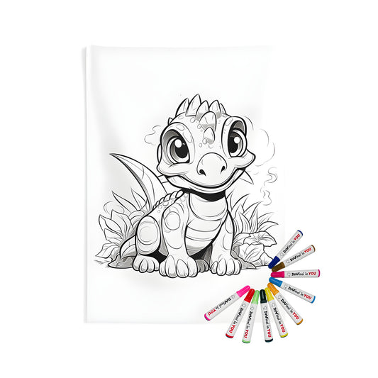 Indoor wall tapestry featuring a cute cartoon baby dino art design for kids to color