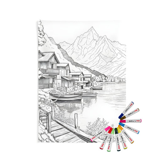 Indoor wall tapestries artwork of serene lakes, mountains, houses, boats, and docks