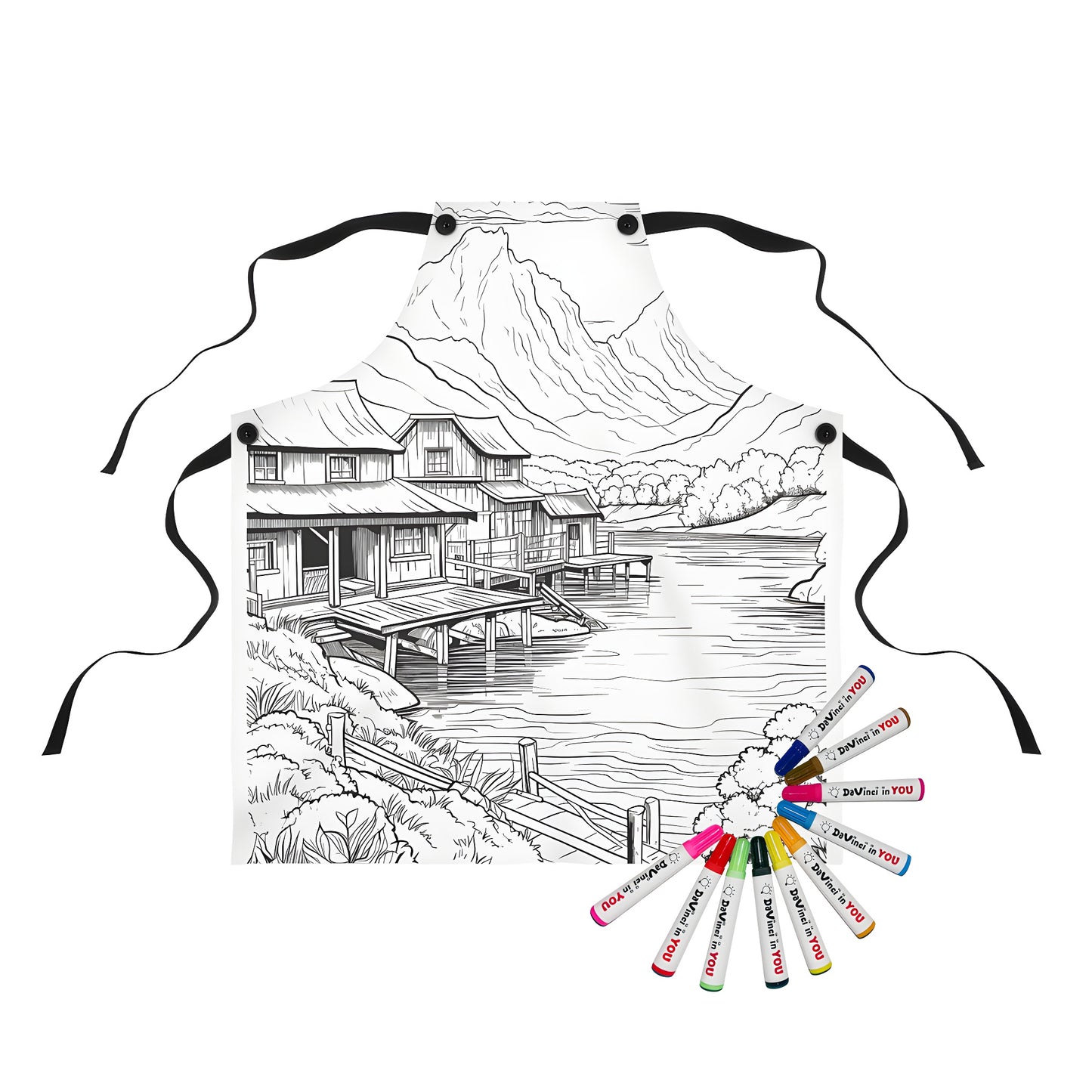 Mountain landscape apron featuring a serene village scene