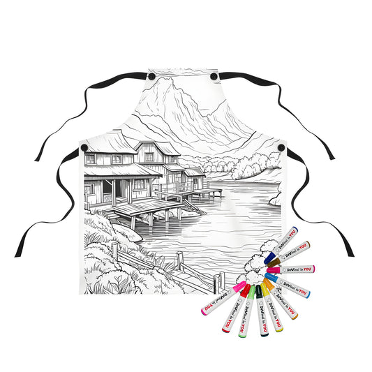 Mountain landscape apron featuring a serene village scene