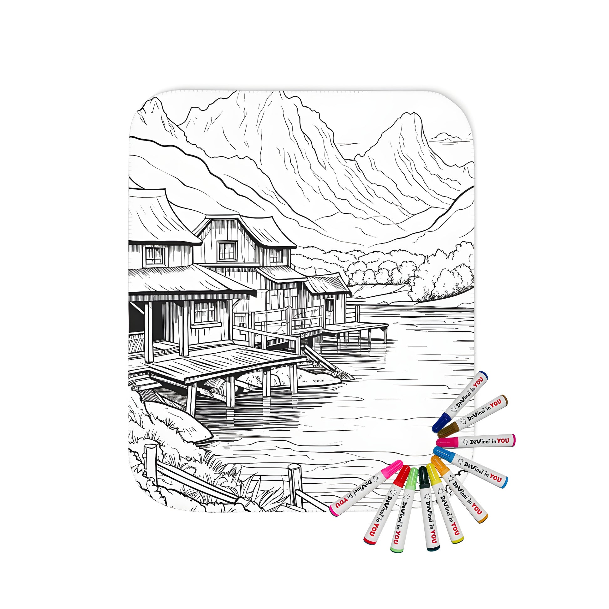 Coloring blanket with serene village scenery