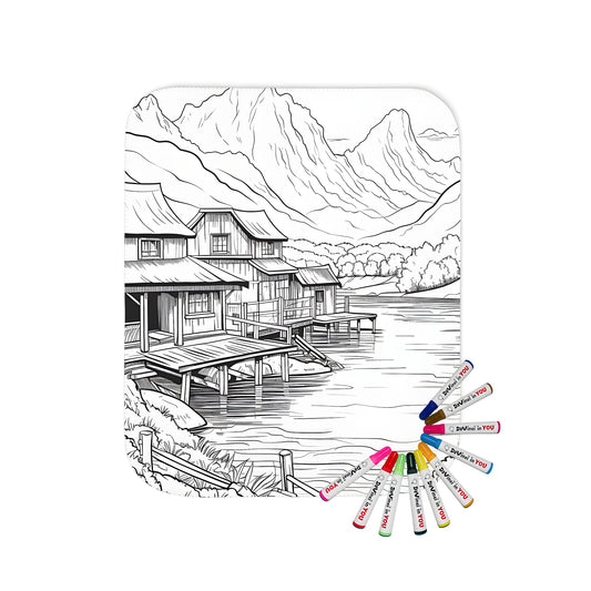 Coloring blanket with serene village scenery