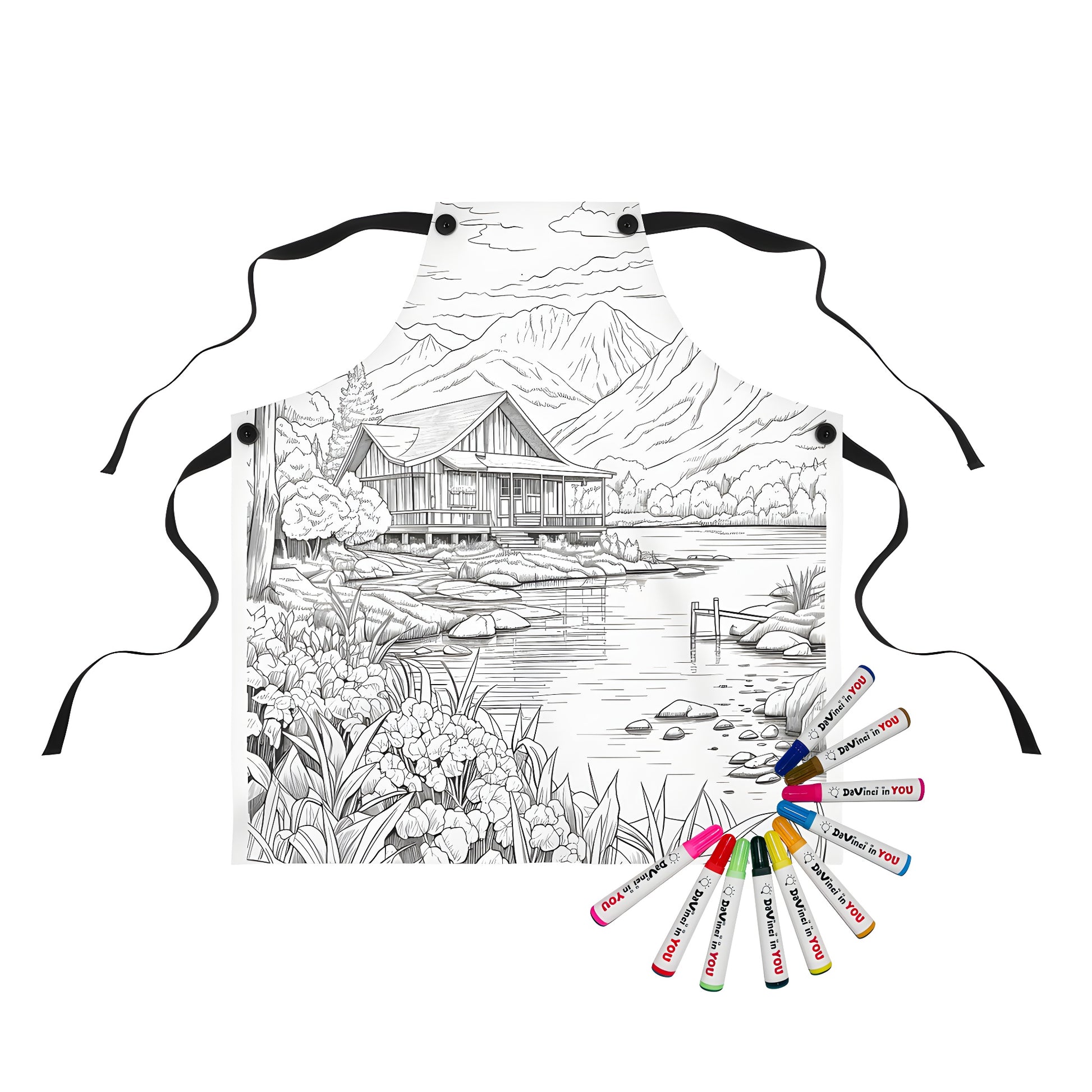 Coloring apron featuring a whimsical mountain scene of a cottage on a lake surrounded by lush greenery and vibrant flowers