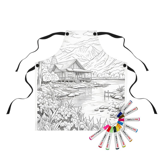 Coloring apron featuring a whimsical mountain scene of a cottage on a lake surrounded by lush greenery and vibrant flowers