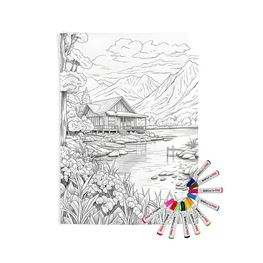 Coloring wall tapestry of mountain cabin on lake with trees, flowers, and mountains