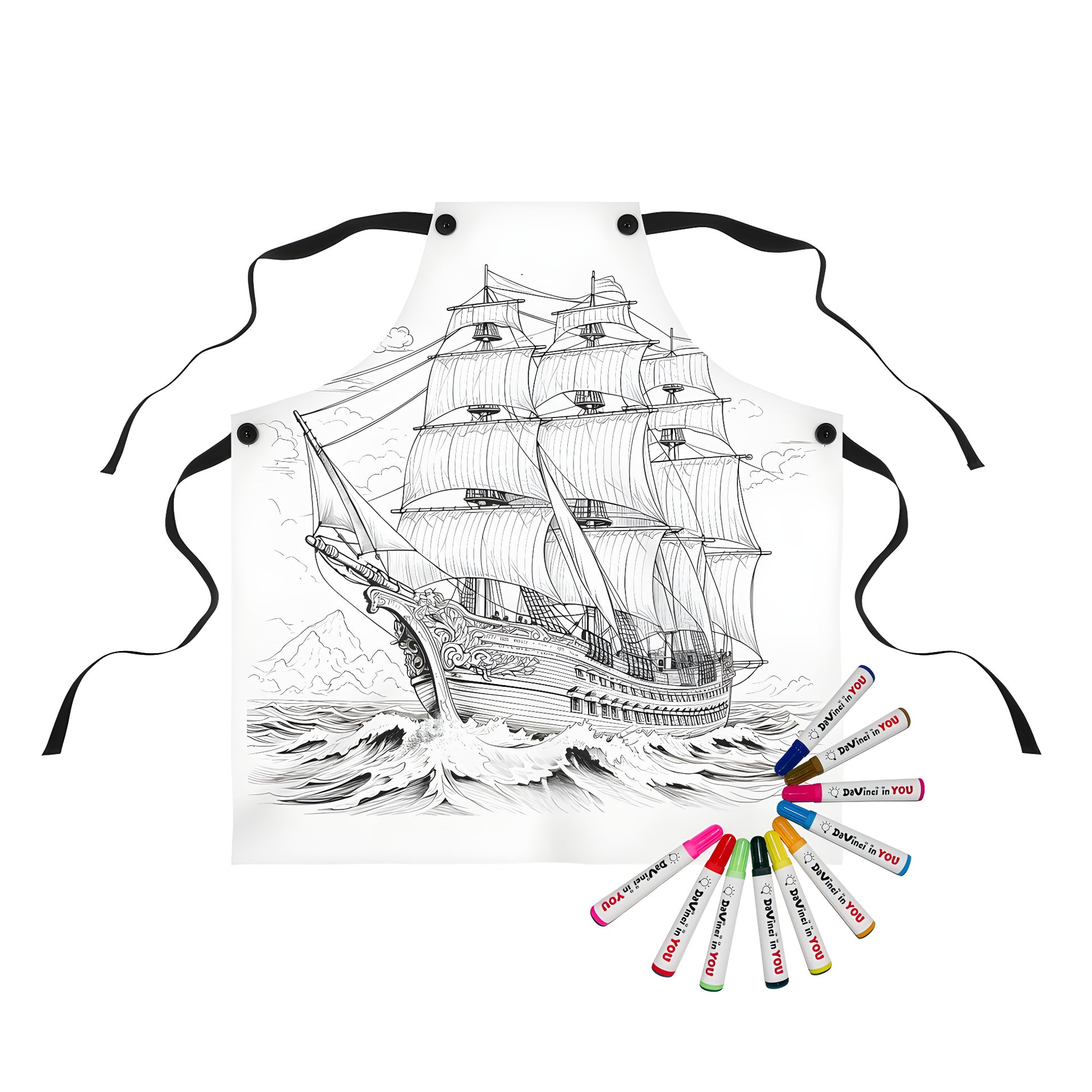 Apron with sailing vessel design, featuring a grand ship with multiple masts and sails