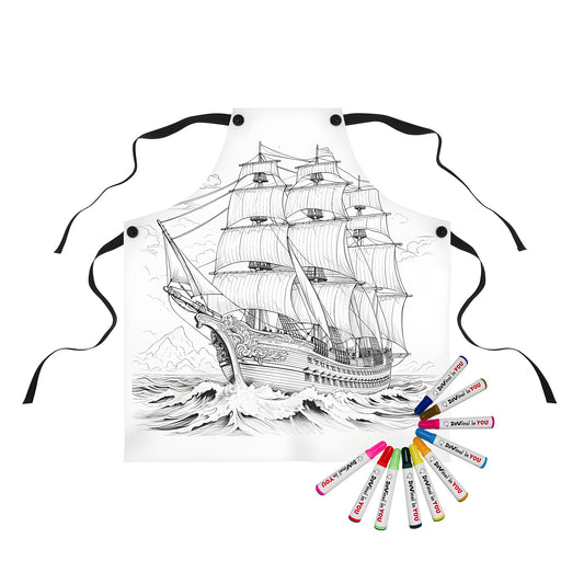 Apron with sailing vessel design, featuring a grand ship with multiple masts and sails