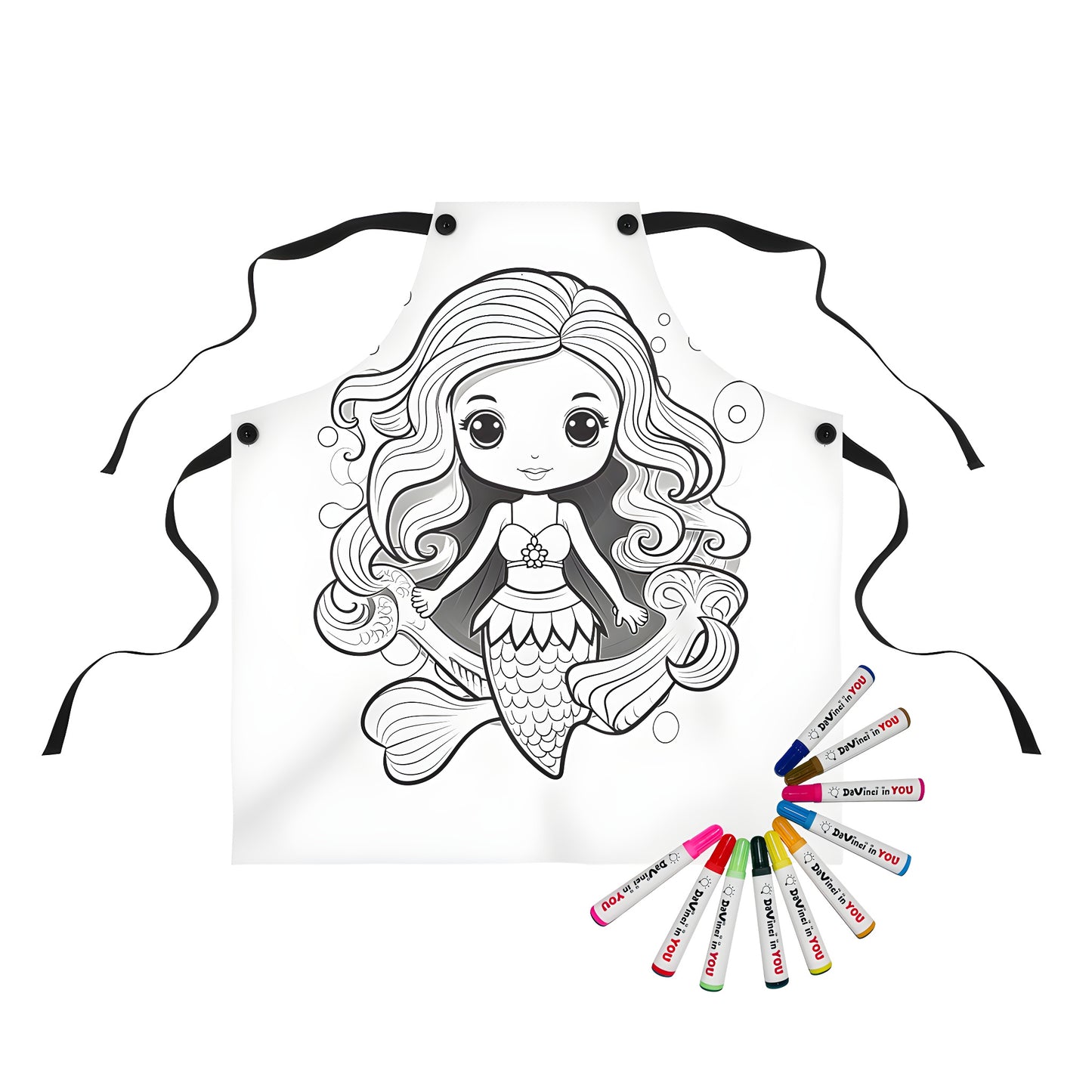 Coloring apron with mermaid design, cartoon fin and flowing hair