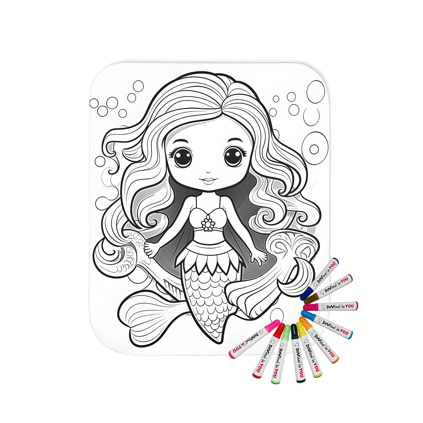 Coloring blanket featuring a cartoon mermaid with flowing locks and detailed fin, surrounded by whimsical bubble and wave patterns, perfect for kids' bedrooms or beach-themed decor