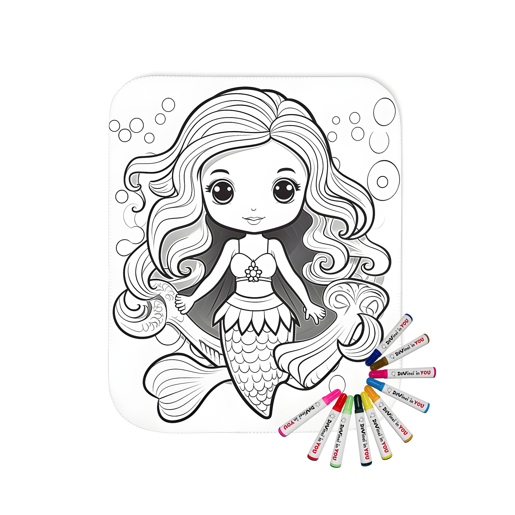 Coloring blanket featuring a cartoon mermaid with flowing locks and detailed fin, surrounded by whimsical bubble and wave patterns, perfect for kids' bedrooms or beach-themed decor