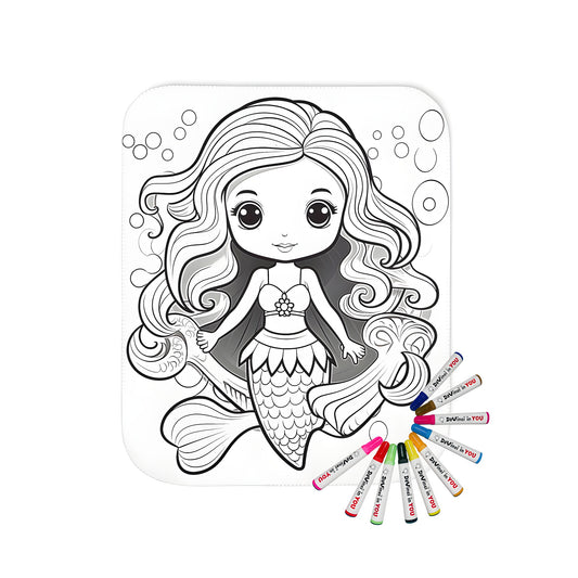 Coloring blanket featuring a cartoon mermaid with flowing locks and detailed fin, surrounded by whimsical bubble and wave patterns, perfect for kids' bedrooms or beach-themed decor