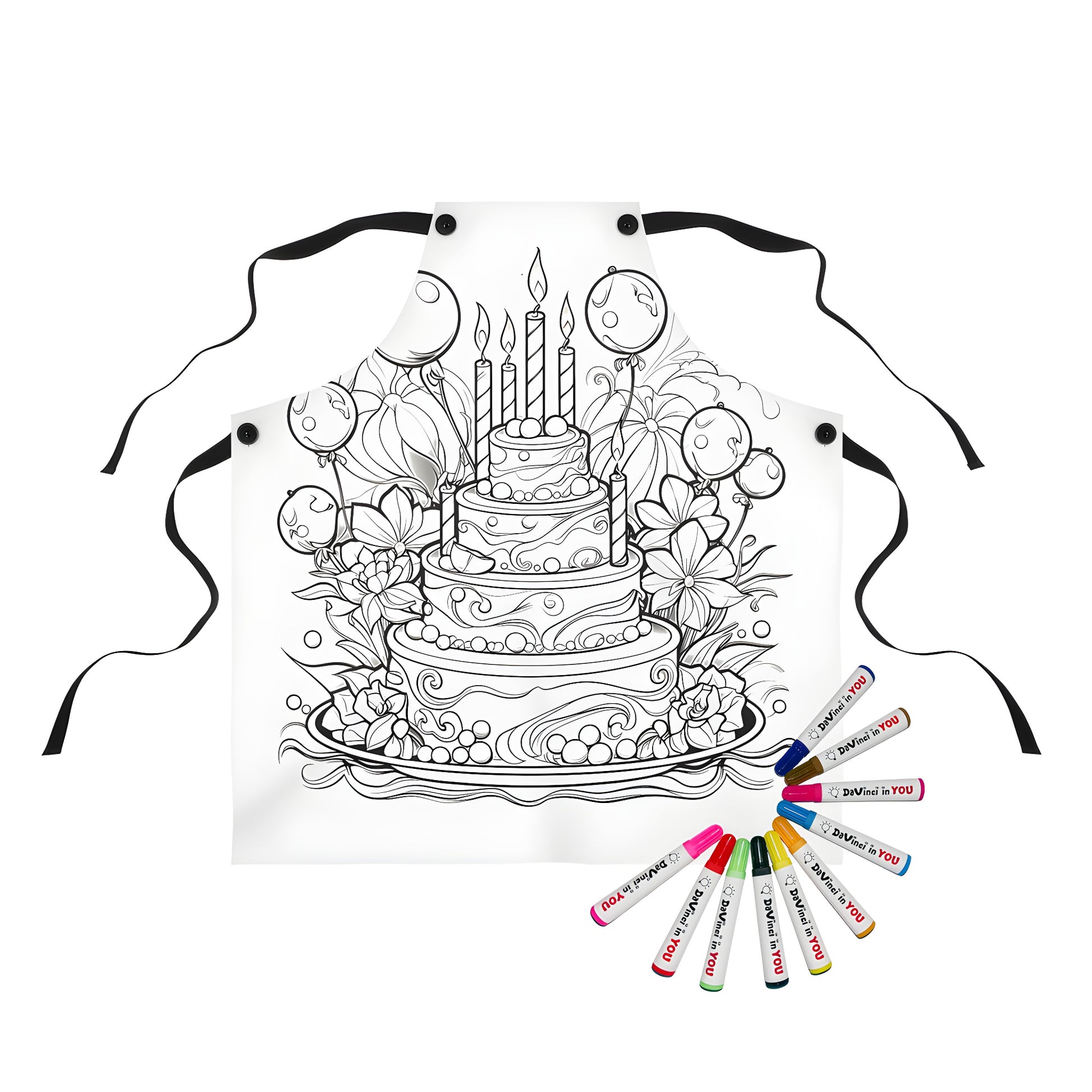 Colorful apron with whimsical birthday party design featuring multi-tier cake, candles, balloons and flowers