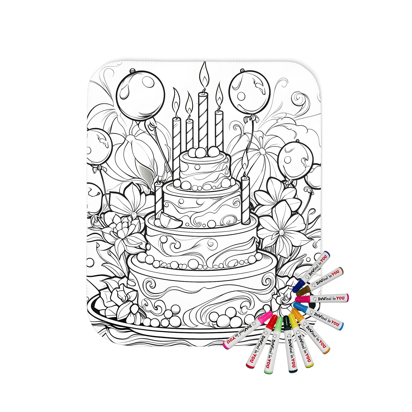 Birthday Party Themed Coloring Page Blanket, Multi-Tier Cakes, Balloons and Flowers Illustration