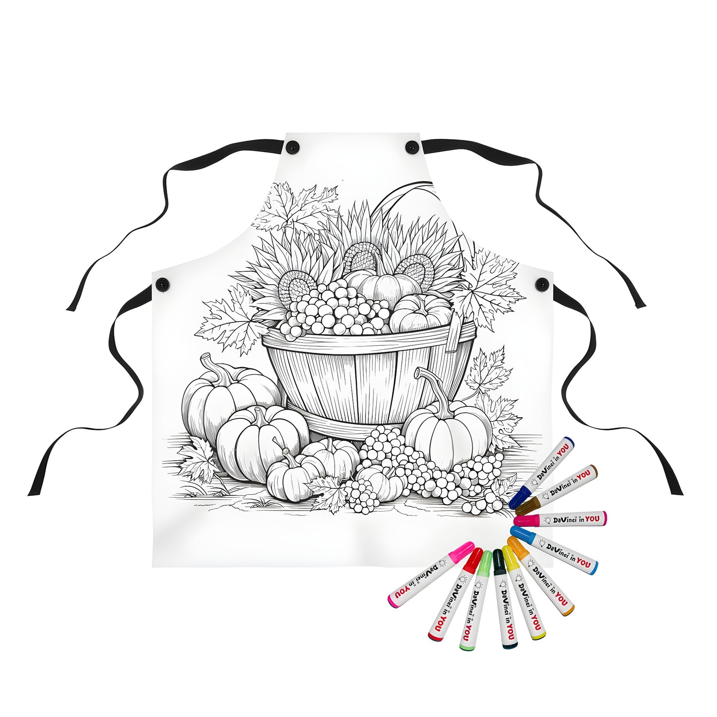 Vibrant apron featuring a colorful harvest basket design with pumpkins, grapes, and sunflowers surrounded by autumn leaves